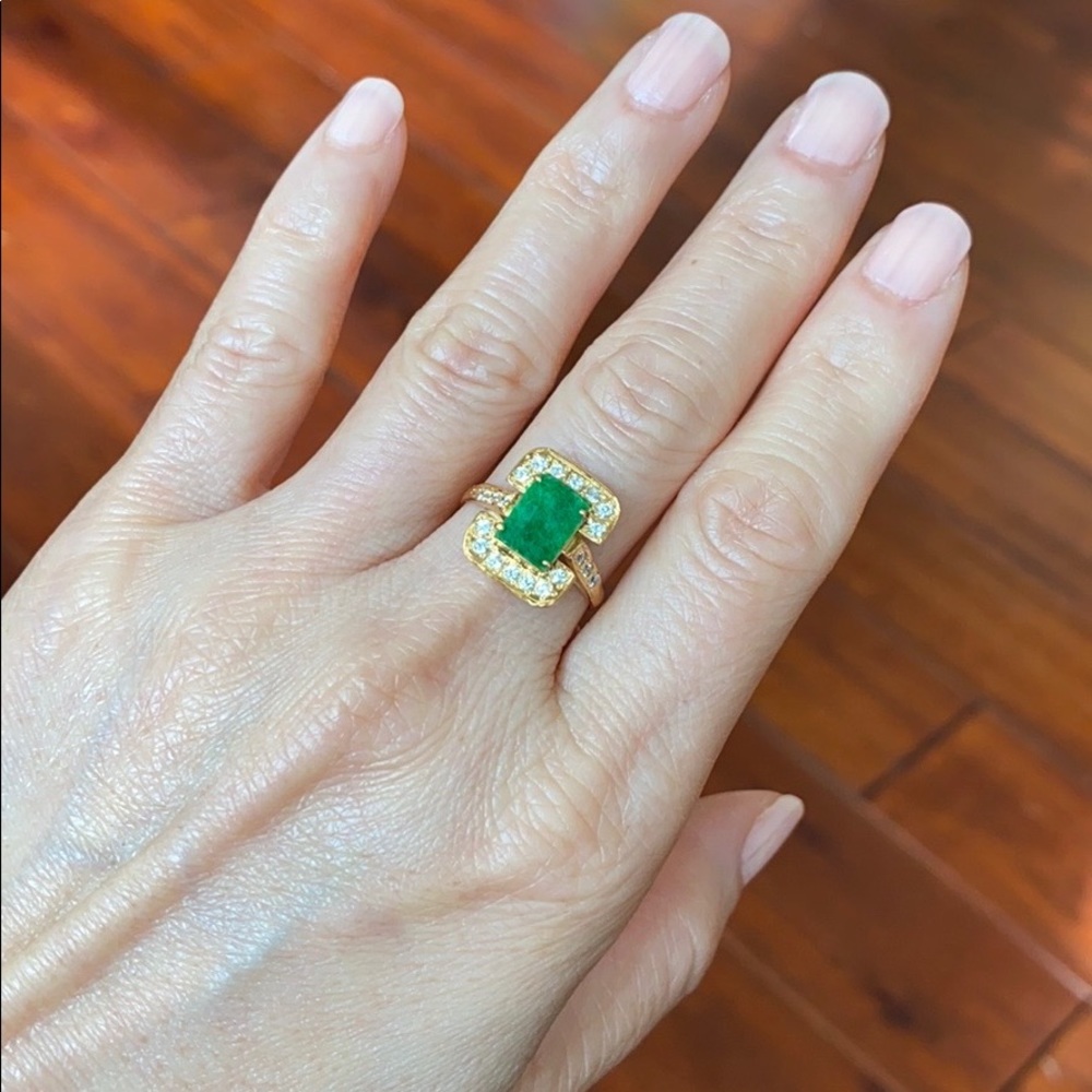 14k Solid Real Gold Rectangle Green Jade Ring - image 1